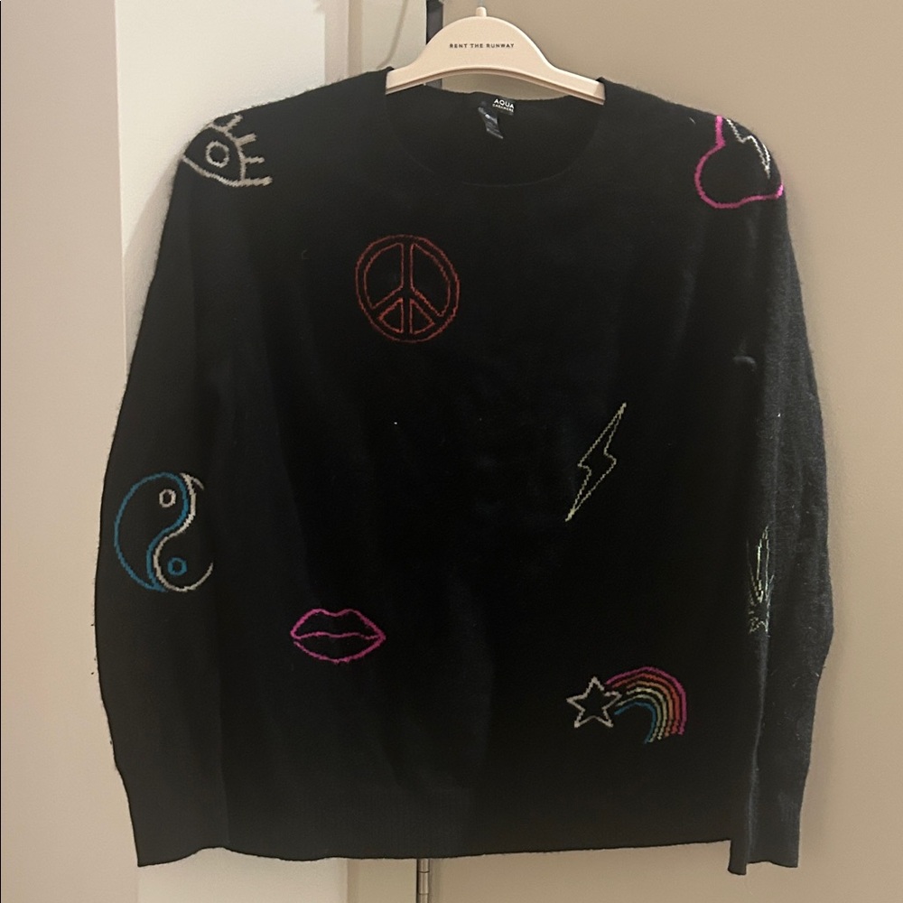 Like New Black Cashmere Sweater with Colorful Embroidered Symbols